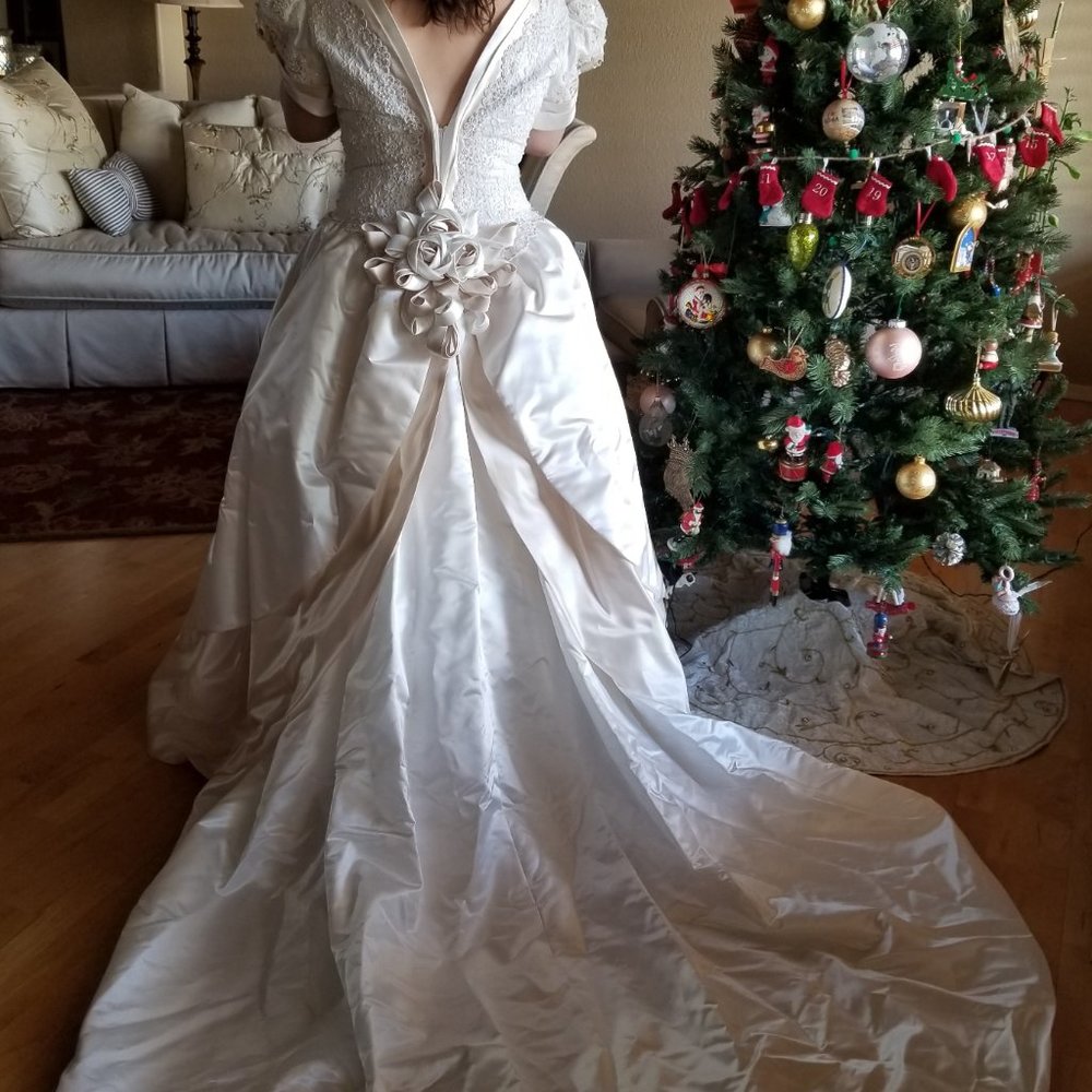 Ivory and Rum Pink Satin Rose Bustle Wedding Dress